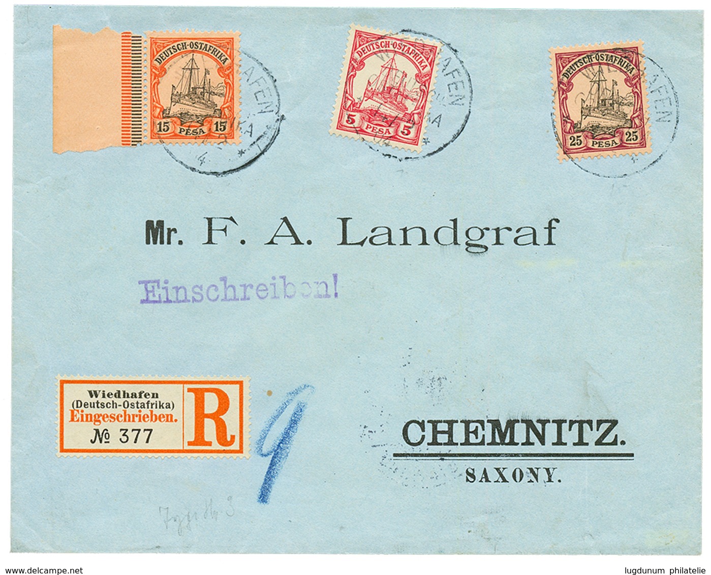 800 "WIEDHAFEN" : 1904 5p + 15p + 25p Canc. WIEDHAFEN On REGISTERED Envelope To GERMANY. RARE. Vvf. - Sonstige & Ohne Zuordnung