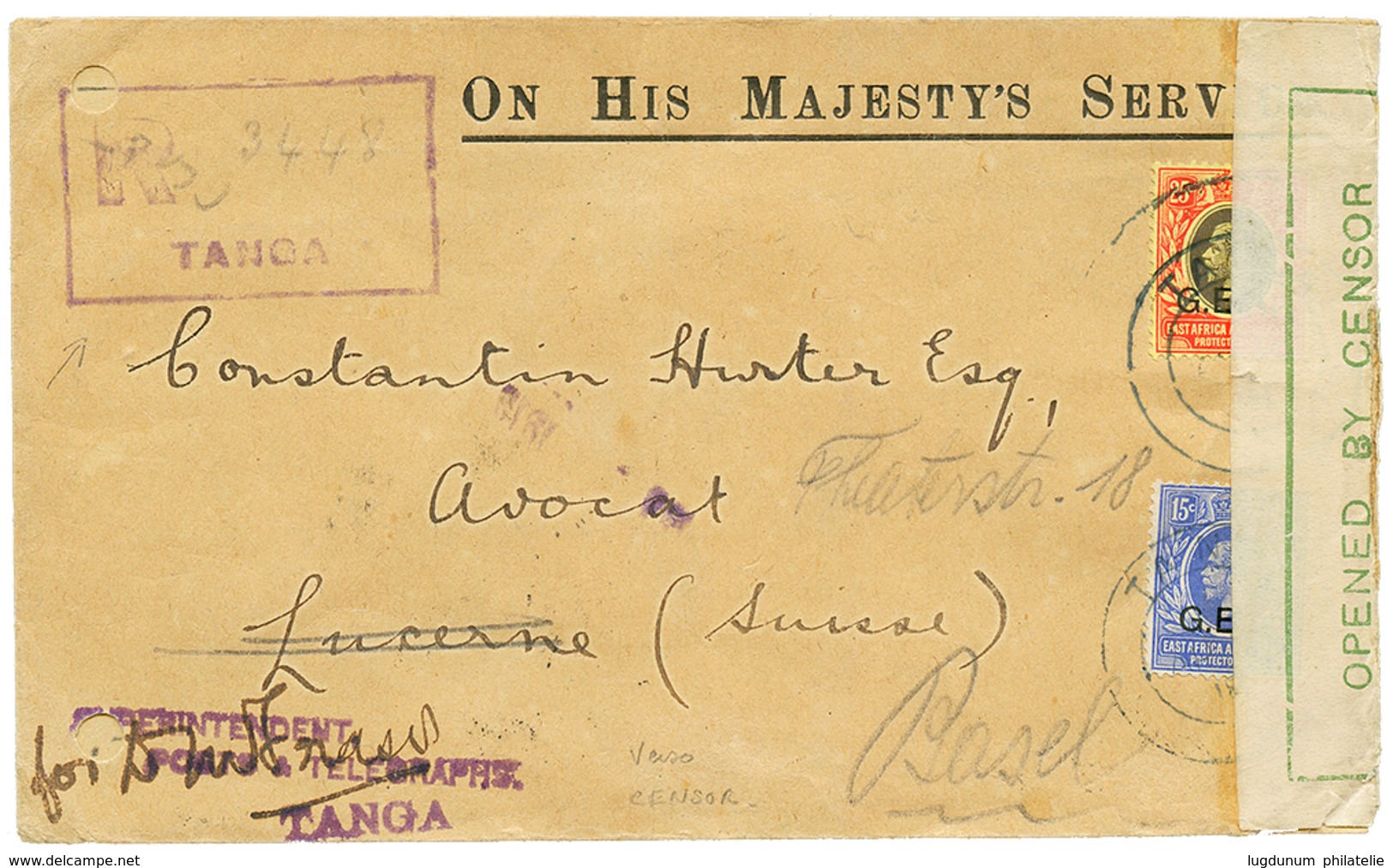 803 1918 GEA 15c + 25c Canc. TANGA On REGISTERED Envelope + British Gren CENSOR LABEL To SWITZERLAND. Verso, PASSED BY C - Sonstige & Ohne Zuordnung