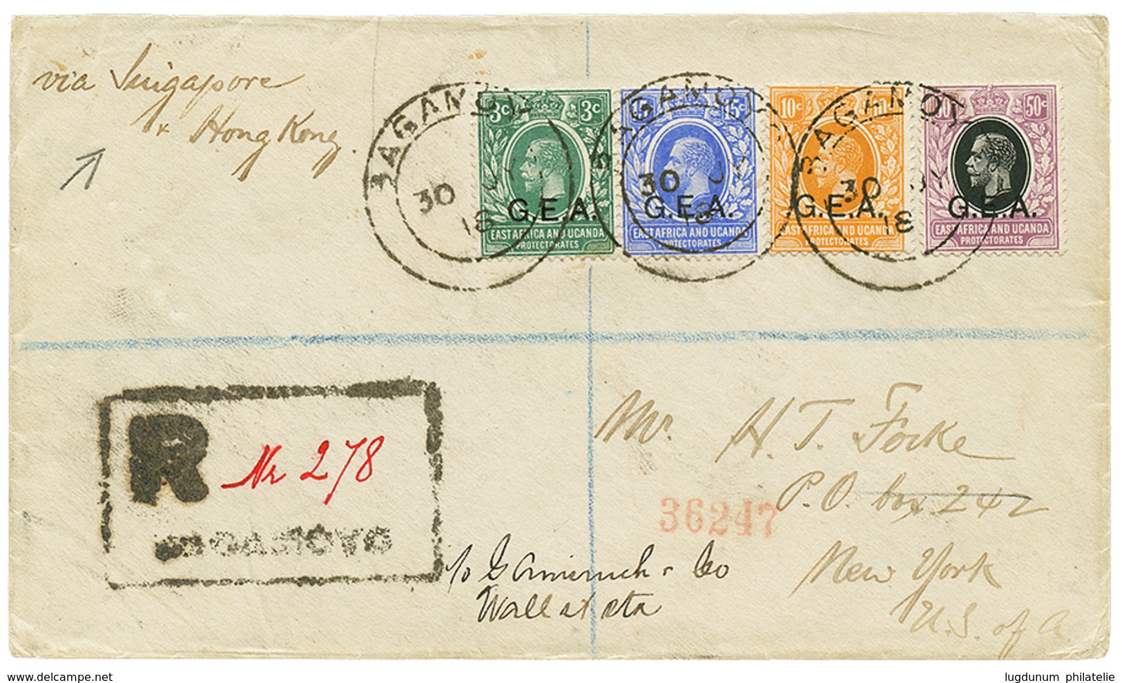 804 1918 GEA 3c + 10c+ 15c+ 50c Canc. BAGAMOYO On REGISTERED Envelope Via SINGAPORE & HONG-KONG To NEW-YORK(USA). Direct - Autres & Non Classés