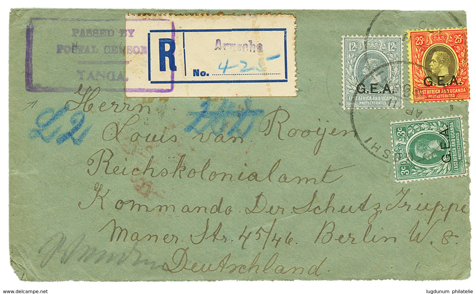 805 GEA : 1920 3c+ 12c+ 25c Canc. MOSHI + REGISTERED Label "ARUSCHA" Canc. PASSED POSTAL CENSOR/TANGA On Envelope To "RE - Autres & Non Classés