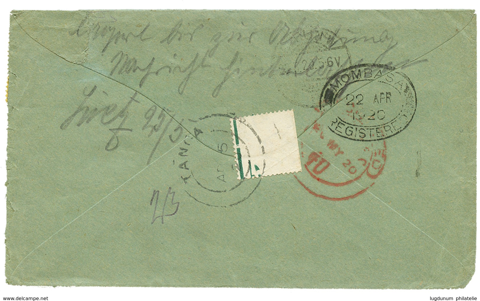 805 GEA : 1920 3c+ 12c+ 25c Canc. MOSHI + REGISTERED Label "ARUSCHA" Canc. PASSED POSTAL CENSOR/TANGA On Envelope To "RE - Autres & Non Classés