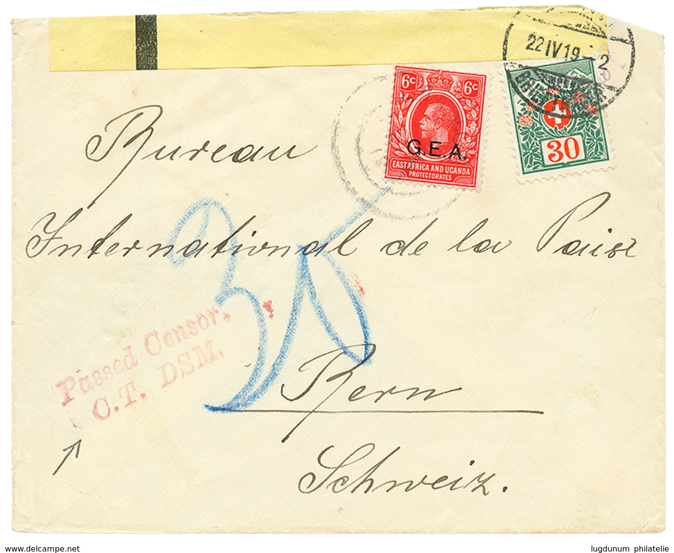 806 1919 GEA 6c Canc. TANGA + PASSED CENSOR / C.T DSM In Red + Large Yellow CENSOR LABEL On Envelope To SWITZERLAND Taxe - Sonstige & Ohne Zuordnung