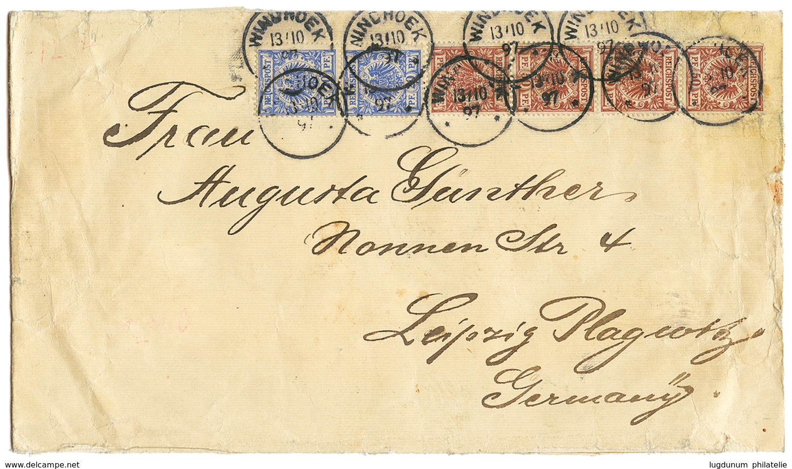 808 DSWA - VORLAUFER : 1897 Pair 20pf + 50pf Strip Of 4 Canc. WINDHOEK On Envelope To GERMANY. Rare Franking. Vvf. - Sonstige & Ohne Zuordnung