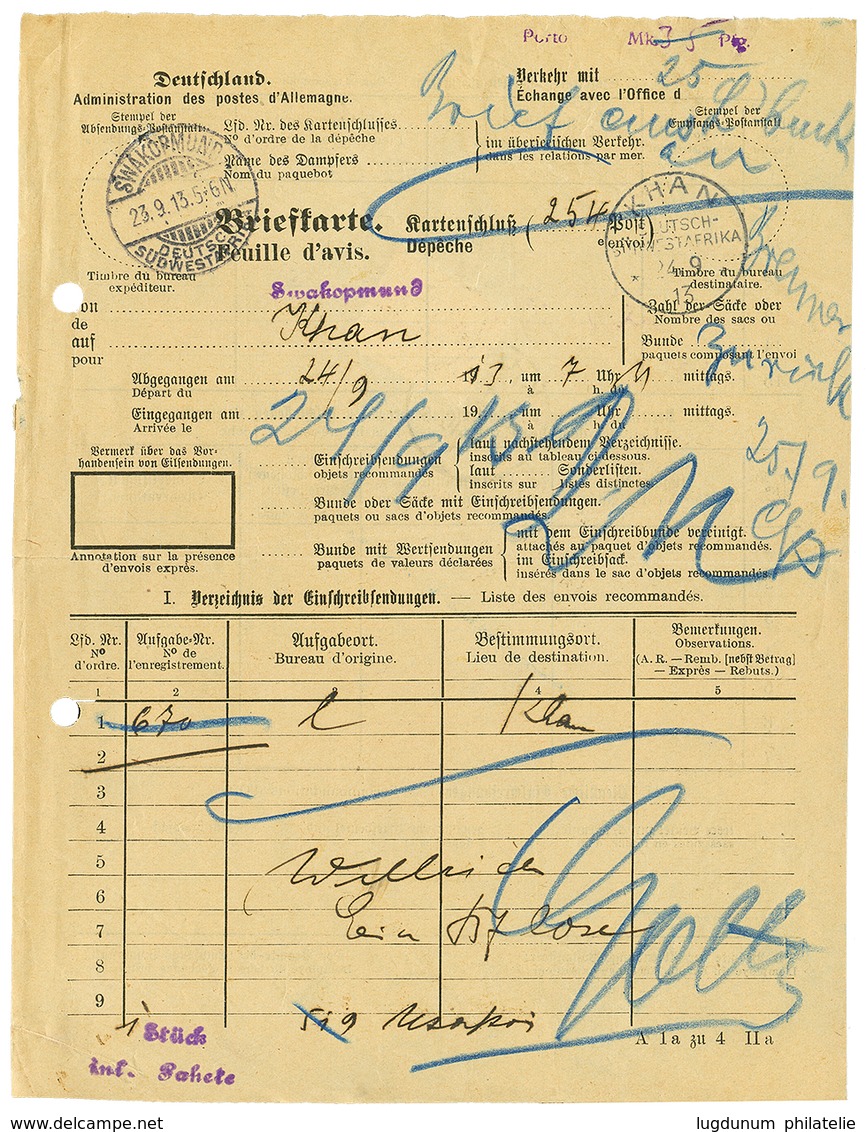 810 DSWA : 1913 25pf Canc. KHAN On Reverse Of "FEUILLE D'AVIS" From SWAKOPMUND To KHAN. Vf. - Sonstige & Ohne Zuordnung