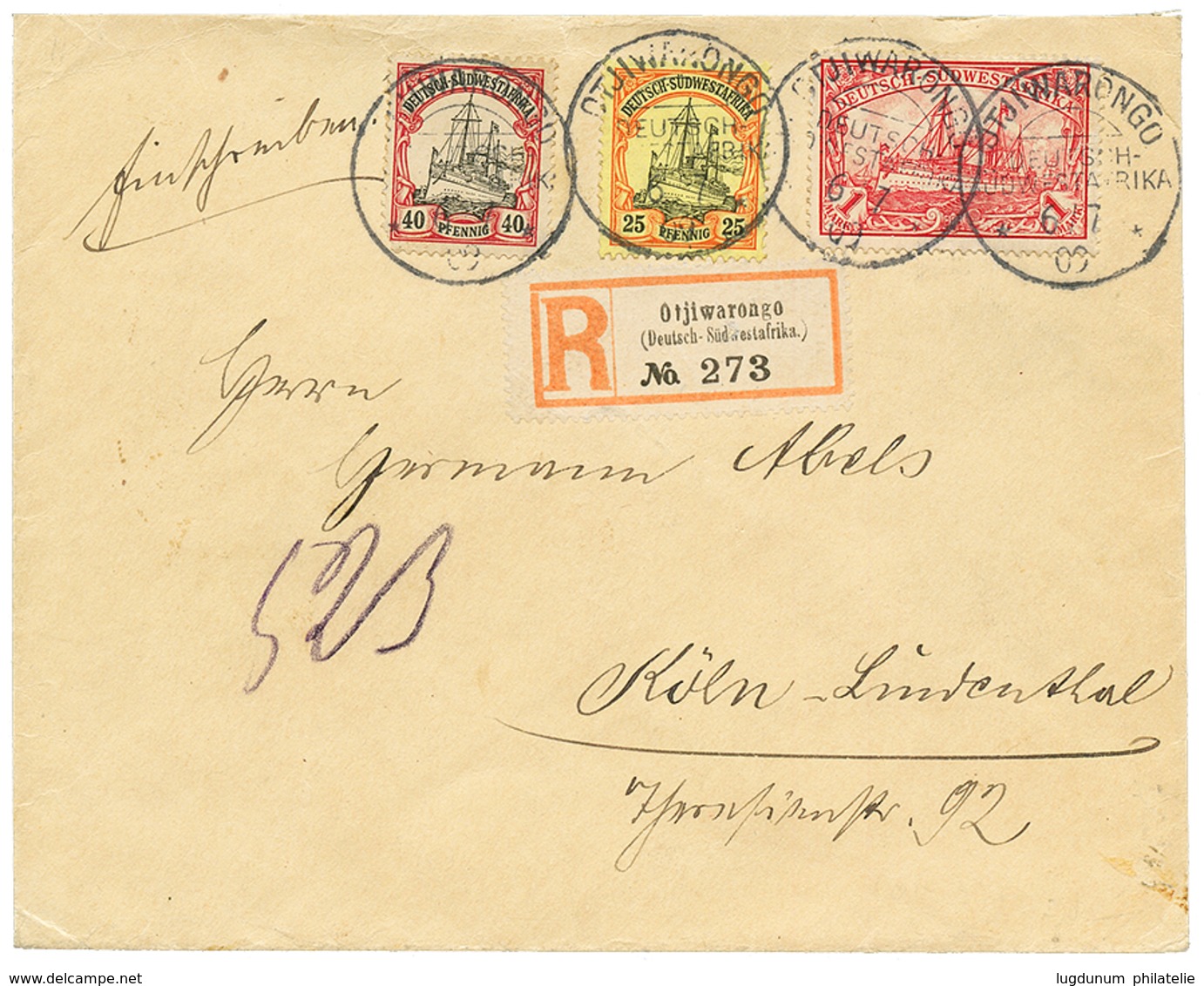 812 1909 25pf+ 40pf+ 1 MARK Canc. OTJIVARONGO On REGISTERED Envelope(1 Flap Missing) To GERMANY. Vf. - Autres & Non Classés