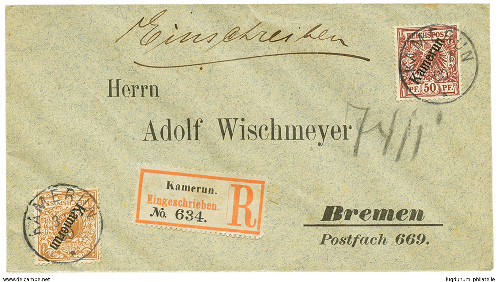 817 1900 3pf + 50pf Canc. KAMERUN On REGISTERED Envelope To BREMEN. Vvf. - Sonstige & Ohne Zuordnung