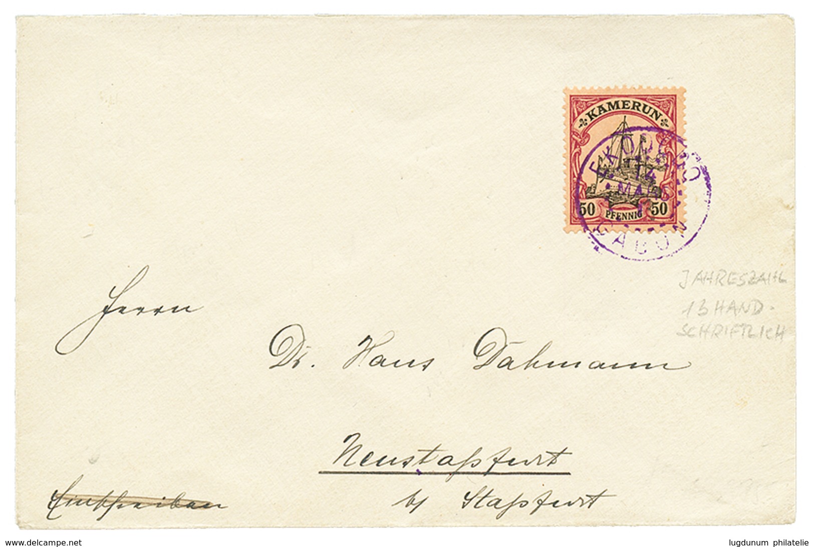 818 "EKODODO" : 1913 50pf Canc. EKODODO GABON (JAHREZAHL "13" Handschriftlich) On Envelope To GERMANY. Vf. - Autres & Non Classés