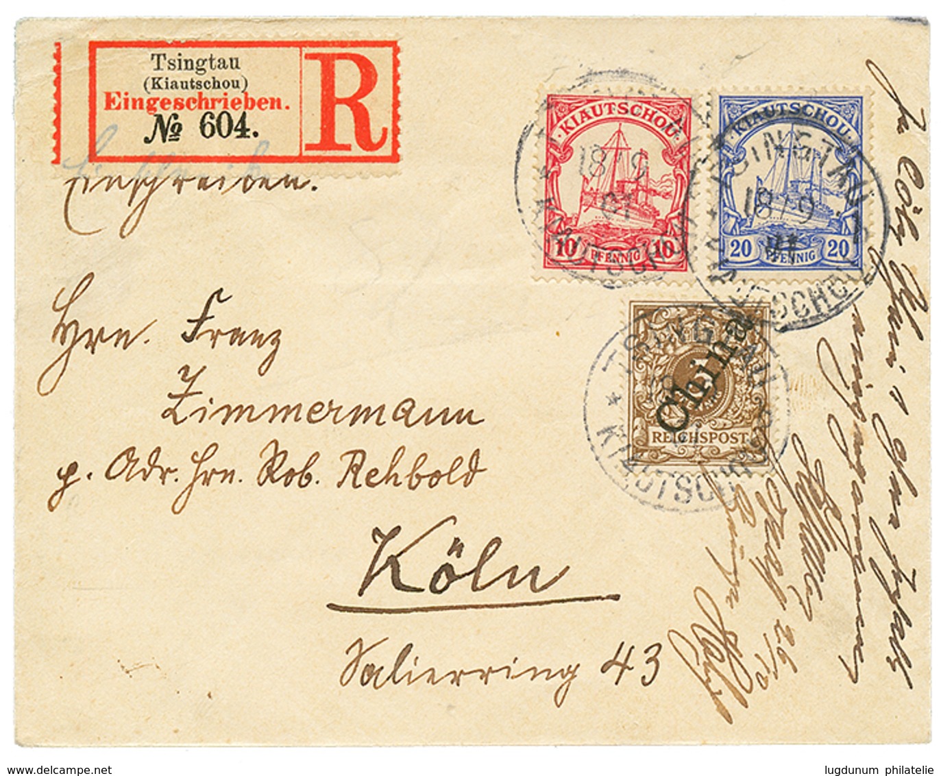 825 1901 3pf (v1II) + YACHT 10pf+ 20pf Canc. TSINGTAU On REGISTERED Envelope To KÖLN. Ex. MITSUHARA. Vvf. - Sonstige & Ohne Zuordnung