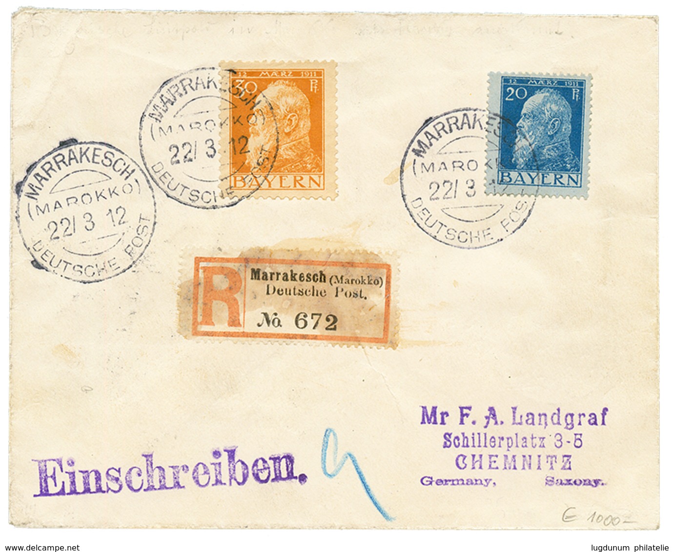 835 1912 BAVARIA 20pf+ 30pf Canc. MARRAKESCH On REGISTERED Envelope To GERMANY. Very Rare Used Of Stamps From BAVARIA In - Autres & Non Classés