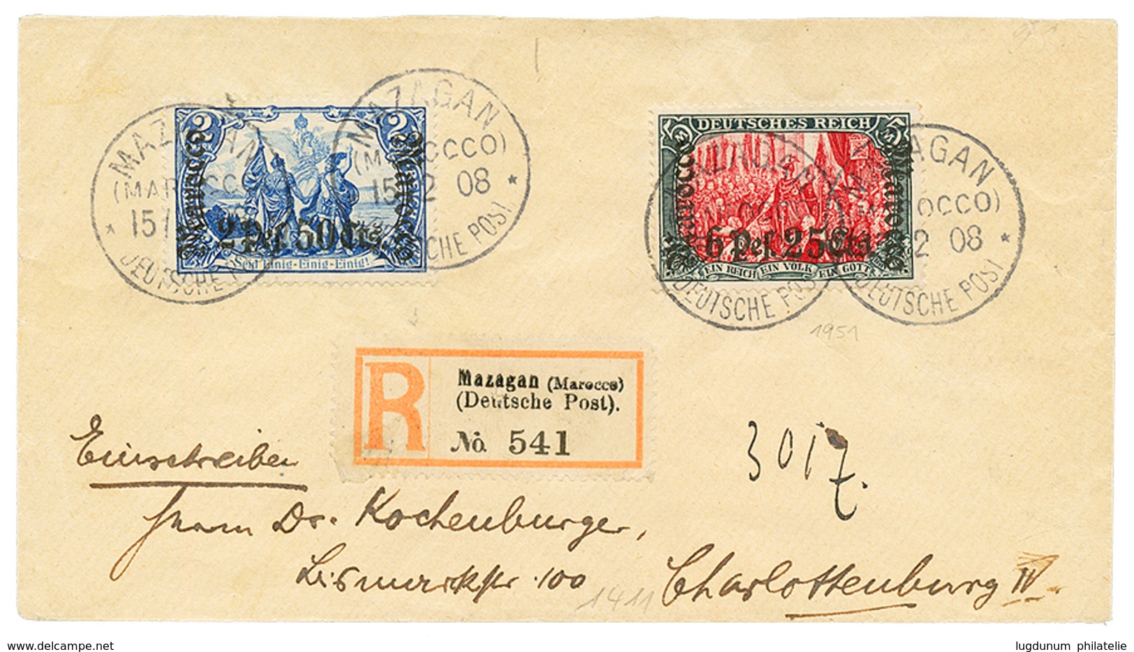 836 "MAZAGAN" : 1908 2P50c On 2M(n°44) + 6P25c On 5M(n°45) Canc. MAZAGAN On REGISTERED Envelope To GERMANY. Signed BOTHE - Autres & Non Classés