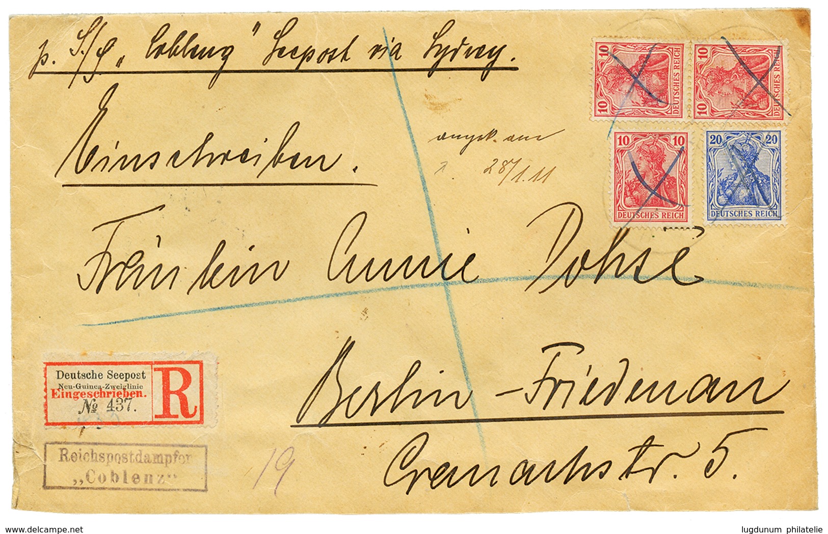 848 1911 GERMANY 10pf(x3) + 20pf Pen Cancel On REGISTERED Envelope DEUTSCHE SEEPOST NEU-GUINEA ZWEIGLINIE + Boxed REICHP - Sonstige & Ohne Zuordnung