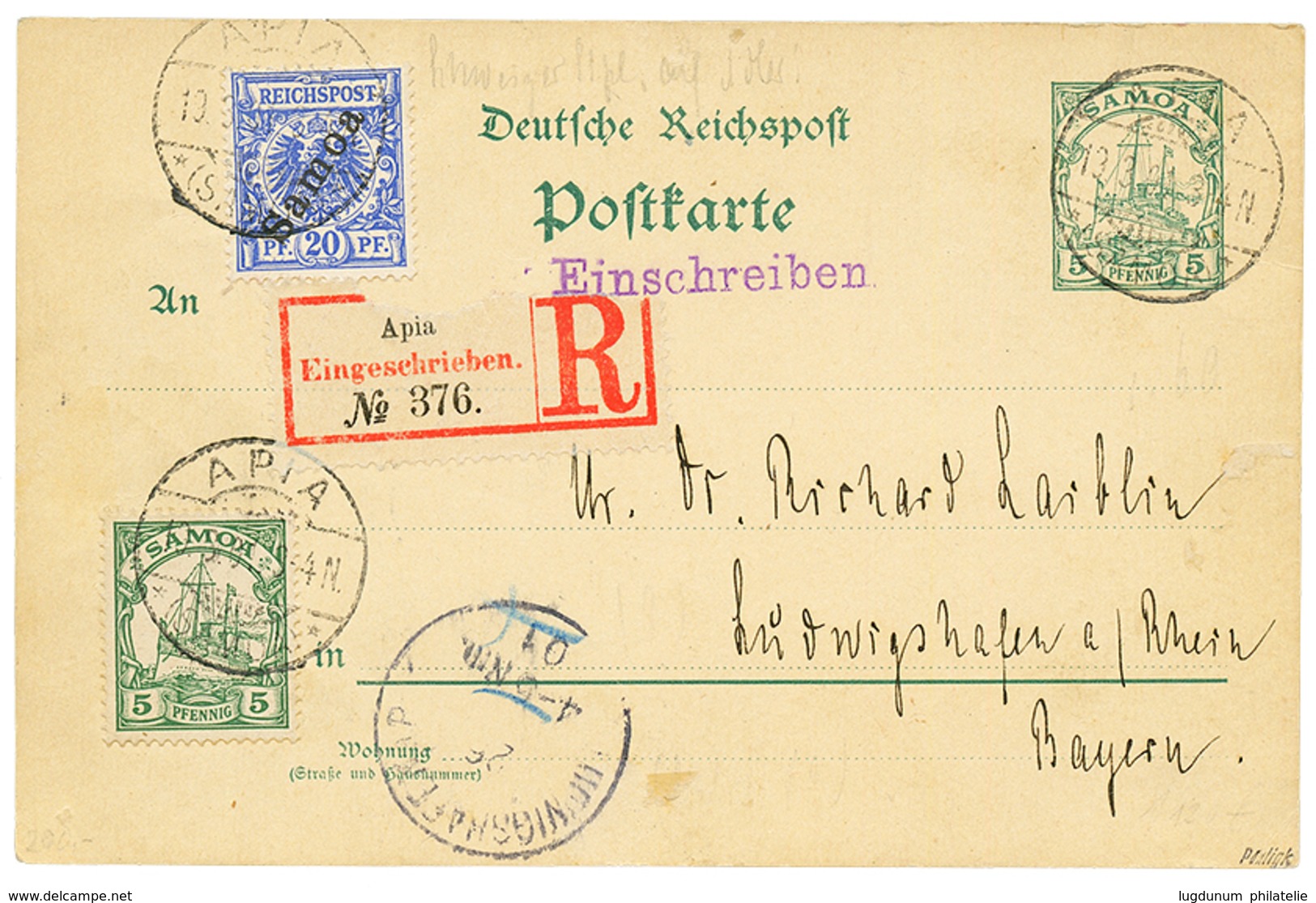 849 1901 P./Stat 5pf + 5pf + 20pf Overprint SAMOA Sent REGISTERED To GERMANY. No Text. Scarce. Vf. - Sonstige & Ohne Zuordnung