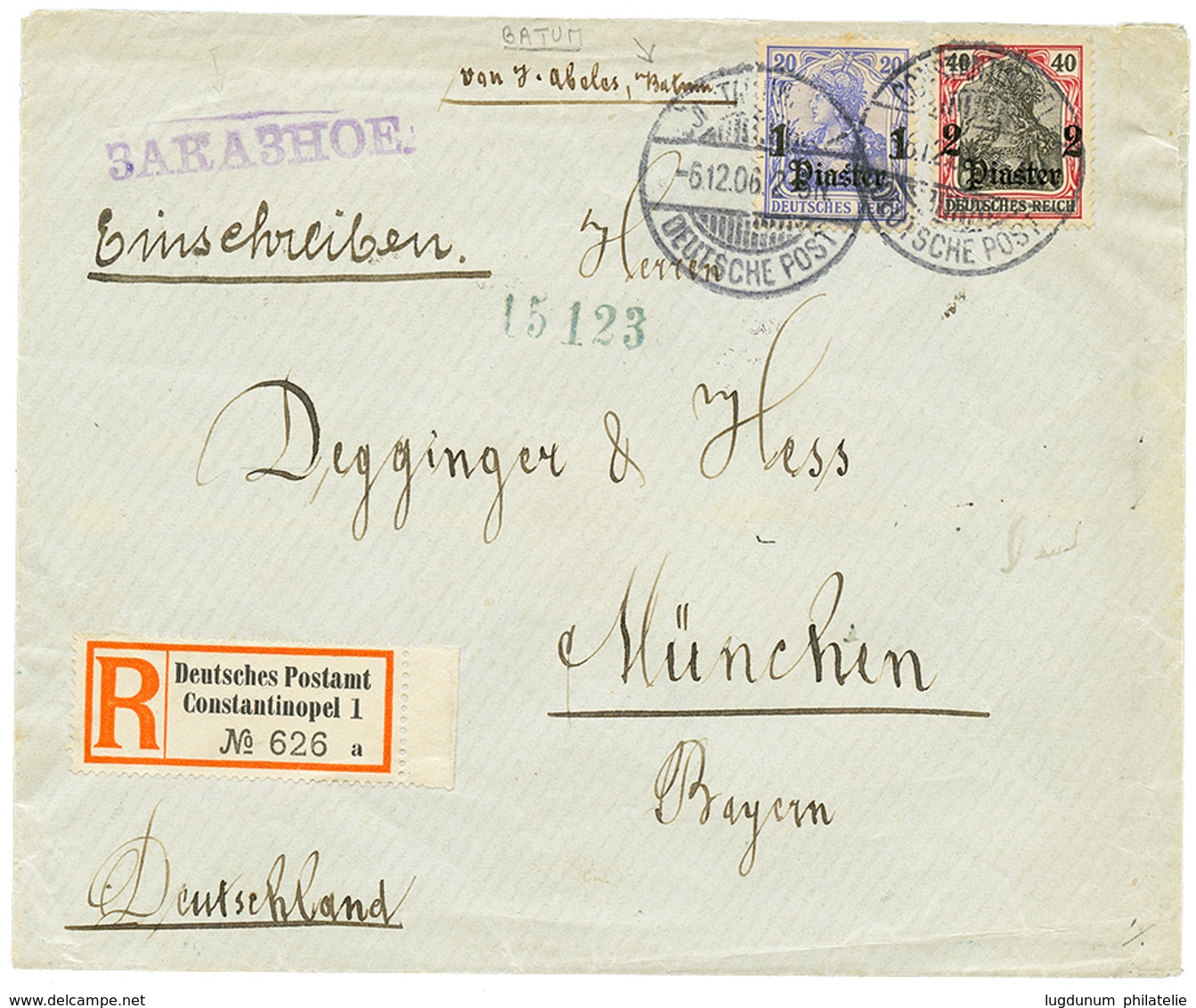 858 "BATUM Via CONSTANTINOPLE" : 1906 1P + 2P Canc. CONSTANTINOPEL + "BATUM" Manuscript On REGISTERED Envelope To MUNCHE - Autres & Non Classés