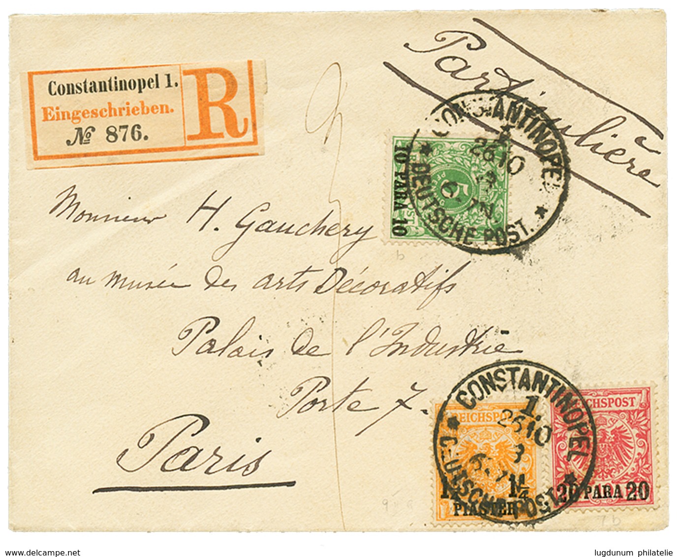 859 1893 10p + 20p+ 1 1/4P Canc. CONSTANTINOPEL On REGISTERED Envelope To FRANCE. Signed JASCHKE. Vf. - Sonstige & Ohne Zuordnung