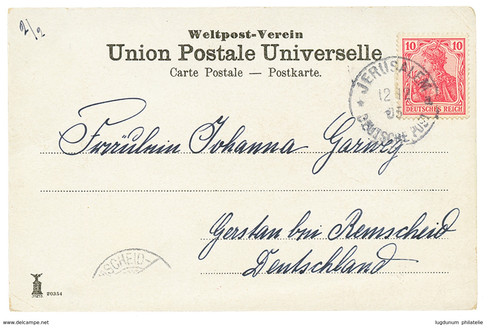 860 PALESTINE - MITLAUFER : 1905 GERMANIA 10pf Canc. JERUSALEM On Card To GERMANY. Superb. - Autres & Non Classés