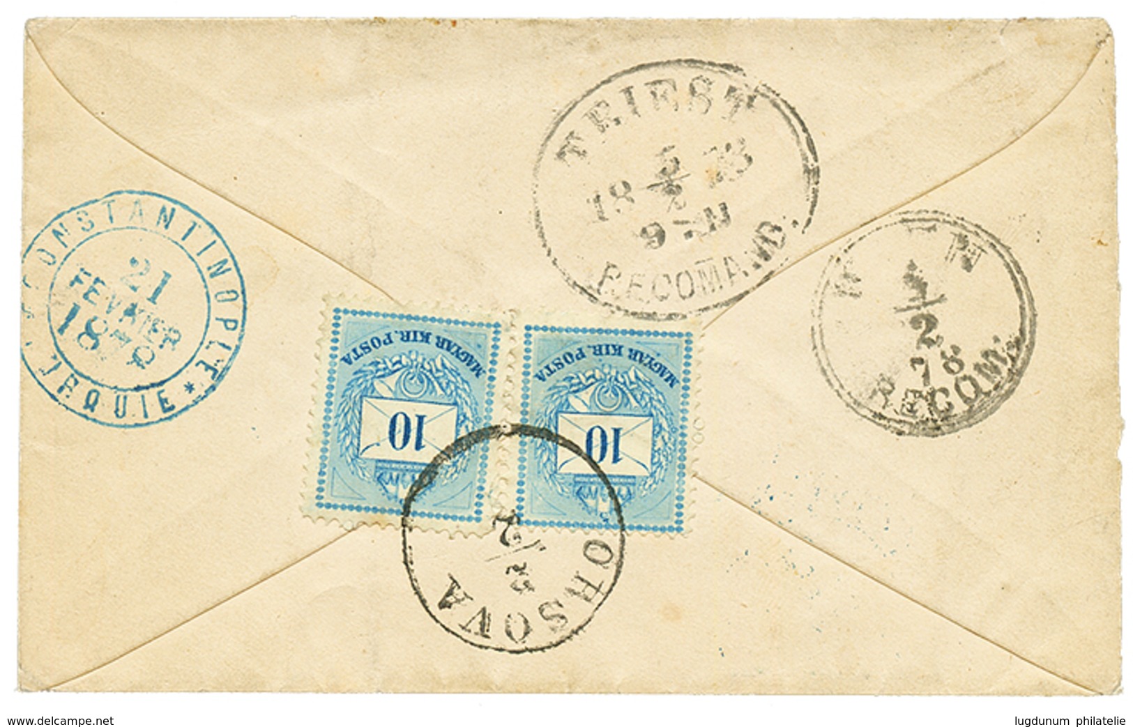 865 HUNGARY : 1878 Pair 10h Canc. ORSOVA On Reverse Of REGISTERED Envelope Via TRIESTE To TURKEY. Vvf. - Sonstige & Ohne Zuordnung