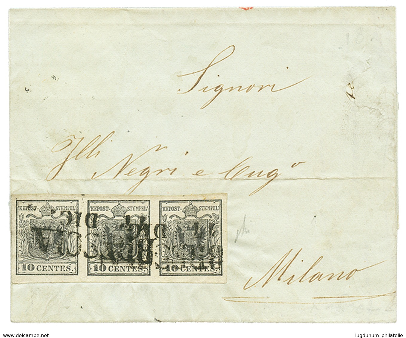 868 LOMBARDO-VENETIA : 1850 10c Strip Of 3 Canc. BRESCIA On Cover To MILANO. AVI Certificate(2010). Vf. - Non Classés