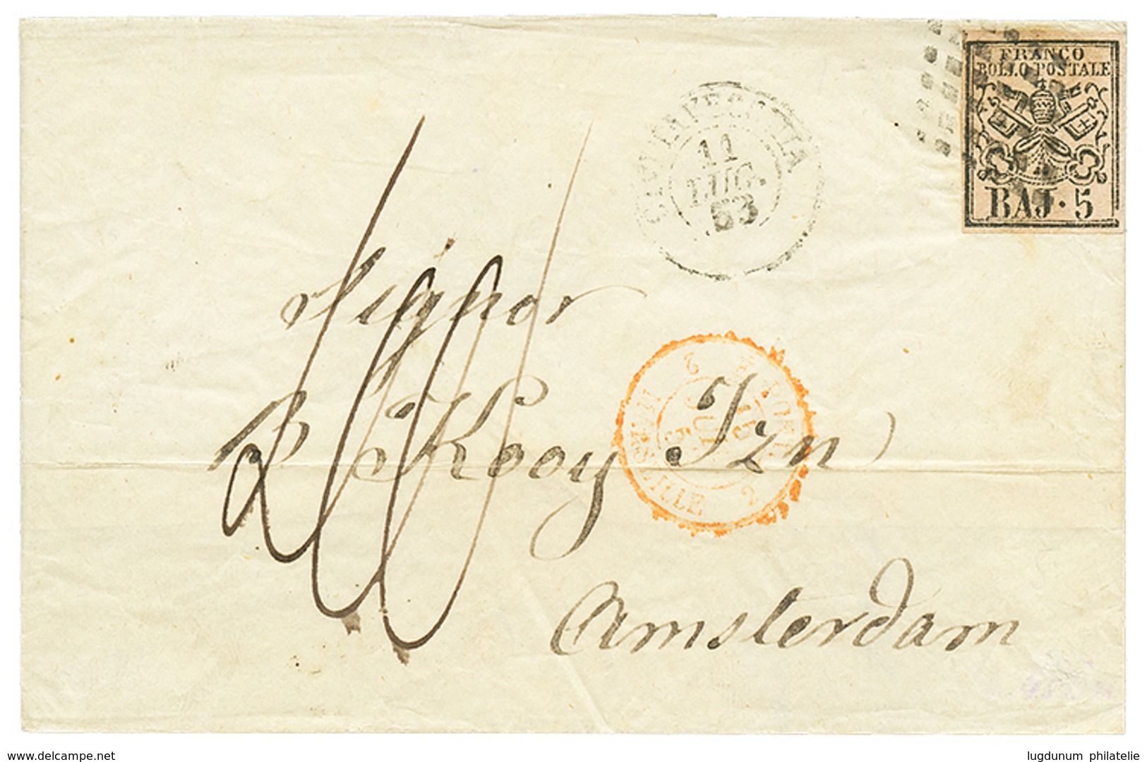 871 PAPAL STATES : 1853 5b With 4 Large Margins + Tax Marking On Cover From CIVITAVECCHIA To AMSTERDAM (HOLLAND). Vf. - Non Classés