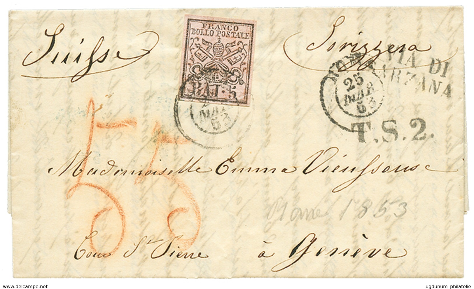 872 PAPAL STATES : 1853 5B Canc. ROMA+ T.S.2 + VIADI SARZANA On Entire Letter To GENEVE SWITZERLAND. Vvf. - Ohne Zuordnung