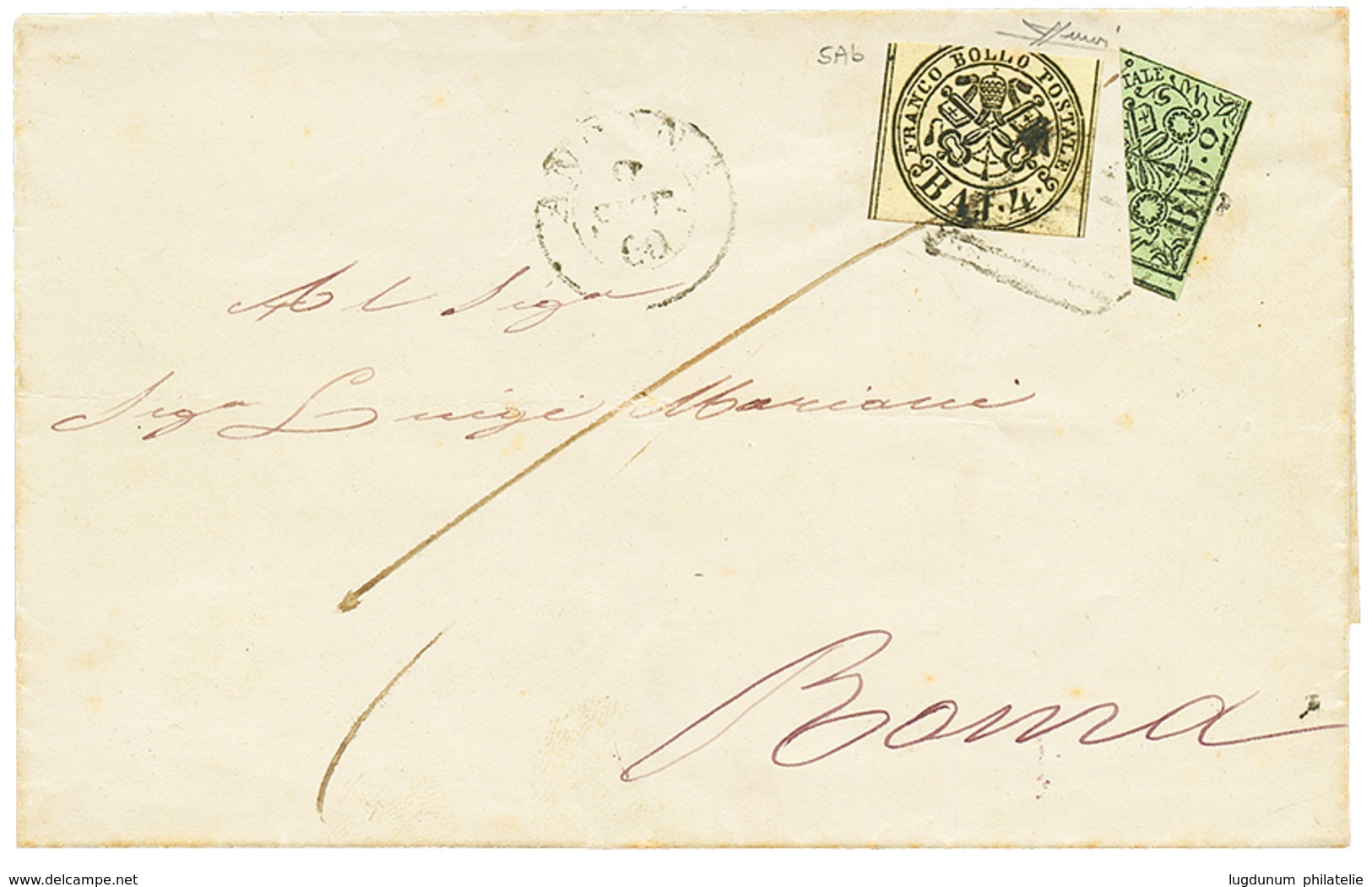 874 PAPAL STATES : 1860 4B (n°5Ab)+ Bisect 2B Canc. On Cover From ANCONA To ROMA. SORANI Certificate(1998). Vvf. - Unclassified