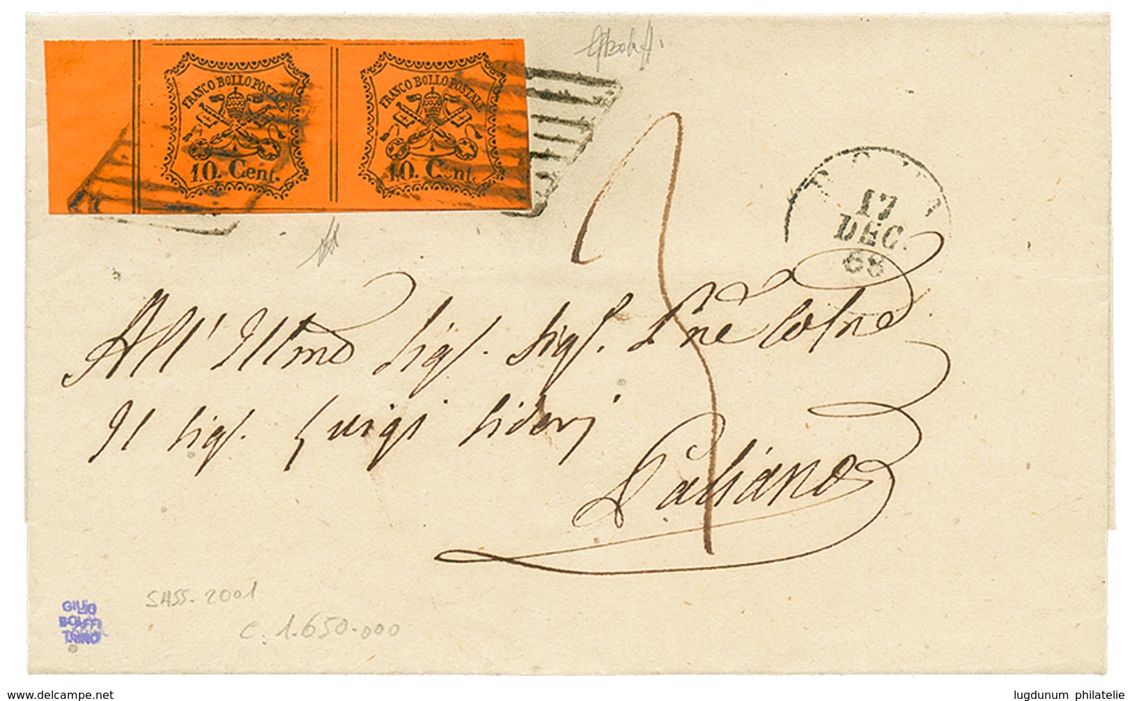 876 PAPAL STATES : 1868 Superb Pair 10c(n°17) On Cover From ROMA To PALIANO. Signed BOLLAFI. Vvf. - Ohne Zuordnung