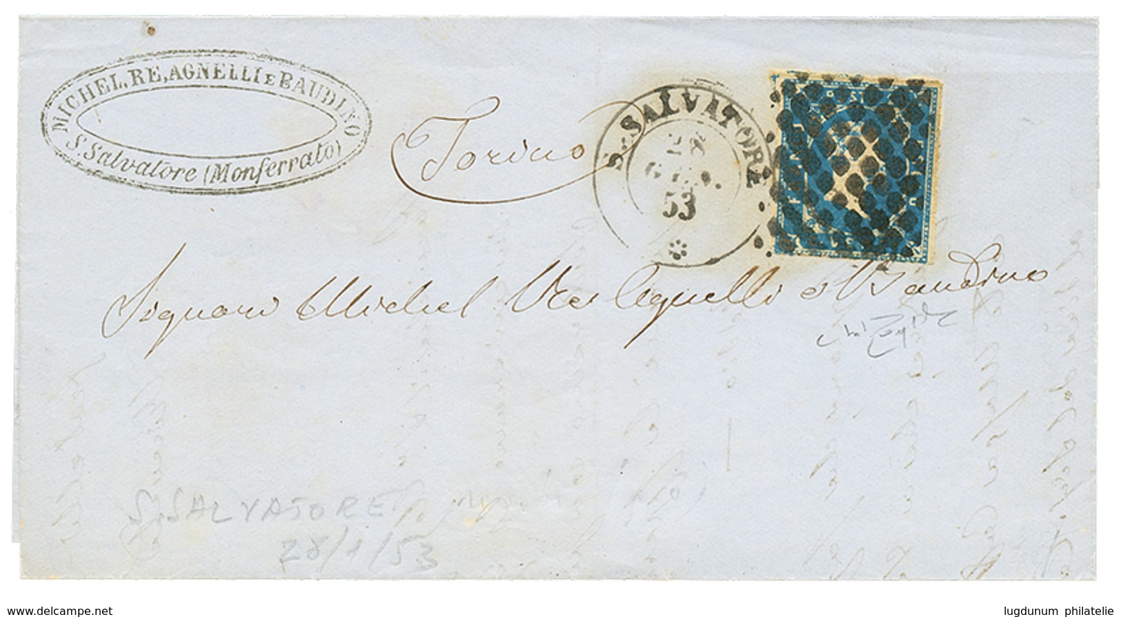 878 SARDINIA : 1853 20cjust Touched At Base) Canc. ROMBI + S.SALVATORE On Entire Letter To TORINO. RARE (Sassone = 9500€ - Ohne Zuordnung