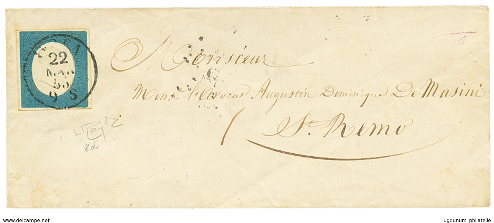 879 1855 SARDINIA 20c(n°8d) With 4 Large Margins Canc. IVREA On Envelope To S. REMO. RAYBAUDI Certificate(1987). Vvf. - Non Classés