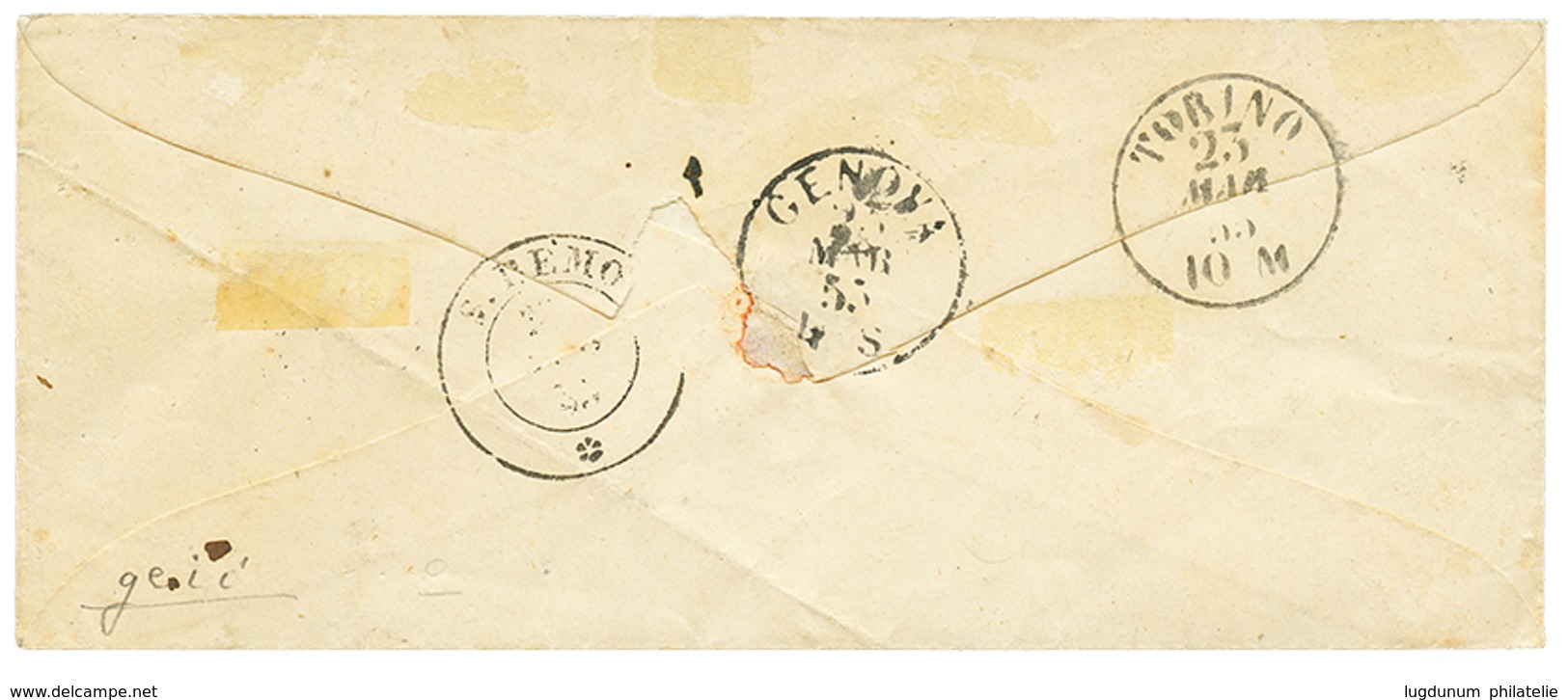 879 1855 SARDINIA 20c(n°8d) With 4 Large Margins Canc. IVREA On Envelope To S. REMO. RAYBAUDI Certificate(1987). Vvf. - Non Classés