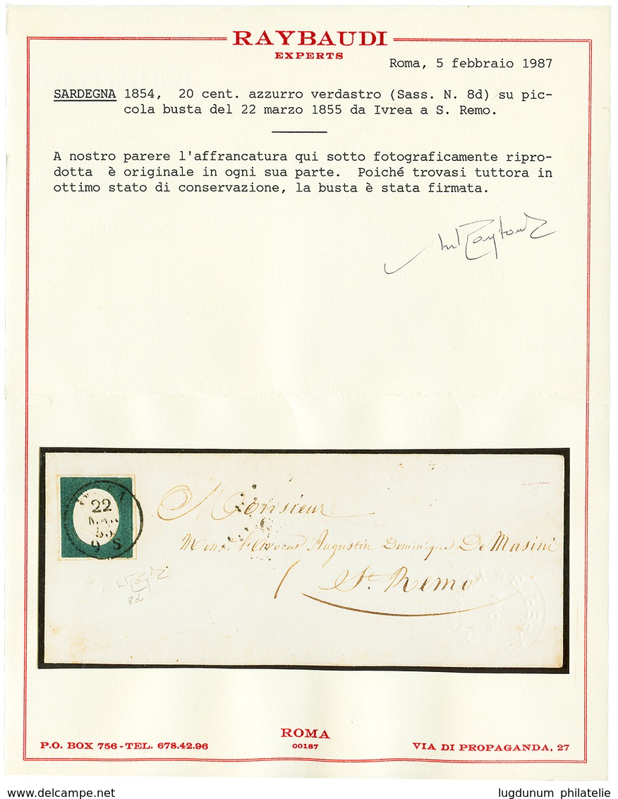 879 1855 SARDINIA 20c(n°8d) With 4 Large Margins Canc. IVREA On Envelope To S. REMO. RAYBAUDI Certificate(1987). Vvf. - Non Classés