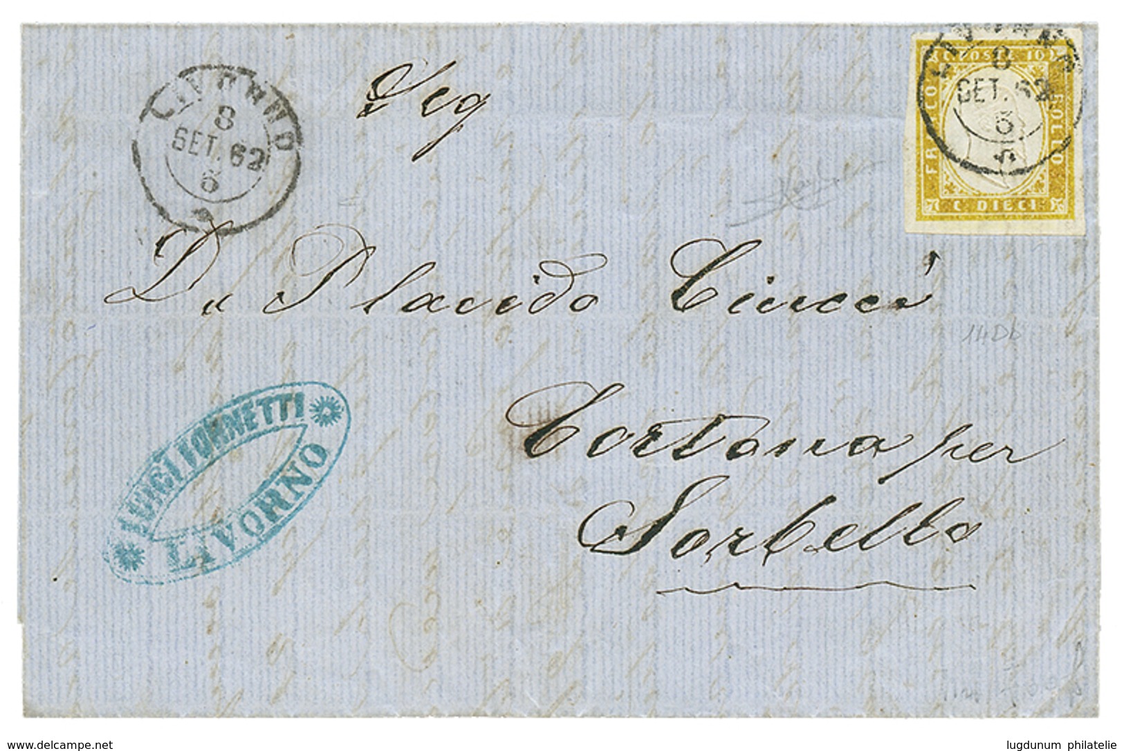 883 1862 10c Oliva Chiaro (n°14Db) With 4 Large Margins Canc. LIVORNO On Cover To SORBELLA. RAYBAUDI Certificate (1979). - Ohne Zuordnung