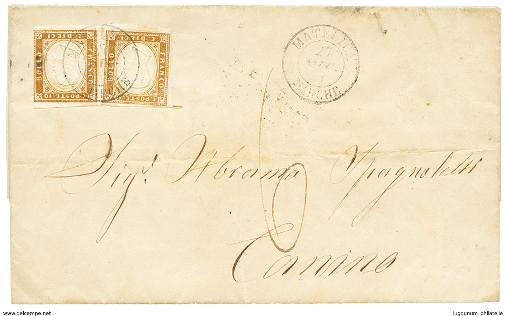 885 "MATELICA" : 1862 10c (n°14Dca)x2 Canc. MATELICA MARCHE On Cover To CANINO. Very Rare Cancellation. Vf. - Unclassified