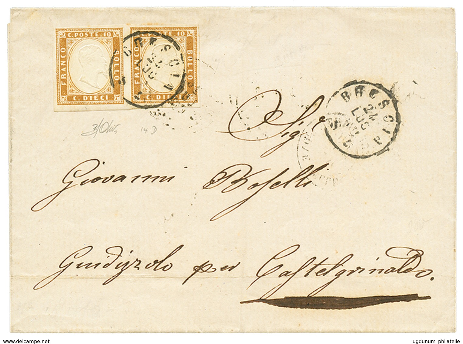 886 1862 Paire 10c (n°14D)x2 Canc. BRESCIA On Cover To CASTELGRINALDO. Signed OLIVA. Vf. - Non Classés