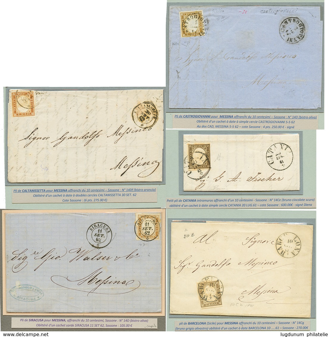 889 SICILY - Stamps From SARDINIA : Lot 5 Covers With 10c(n°14)canc. CATANIA(n°14Ce), BARCELONA, SIRACUSA, CASTROGIOVANN - Non Classés