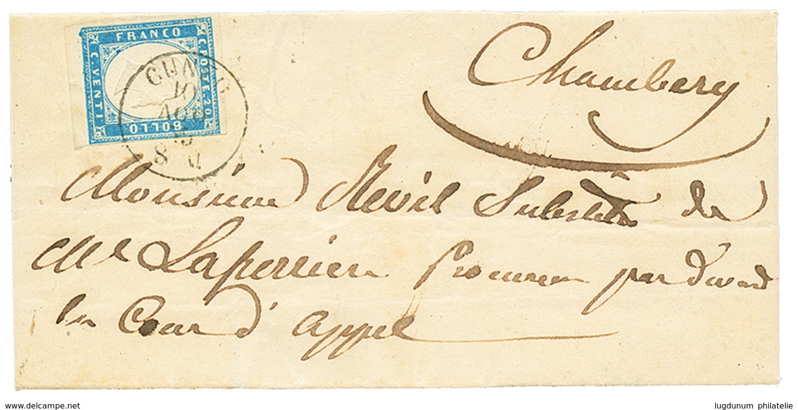 892 "CUNEO" : 1855 SARDINIA 20c(n°15) Canc. CUNEO 10 Ago 55 On Cover To CHAMBERY. RARE(Sass. = 6250€). Vf. - Non Classés