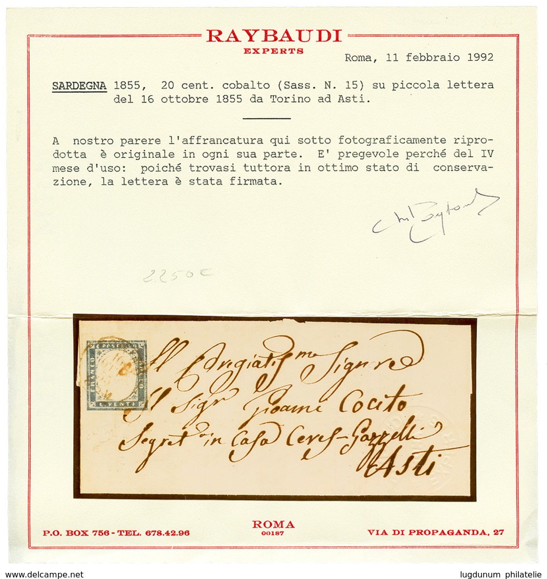 893 1855 SARDINIA 20c(n°15) 4 Large Margins Canc. TORINO 16 Ott 55 On Cover To ASTI. RARE. TOSELLI Certificate (1997) &  - Non Classés