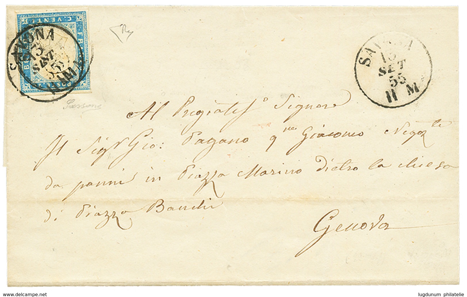 894 1855 SARDINIA 20c(n°15) 4 Margins Canc. SAVONA 15 SET 55 On Cover To GENOVA. DIENA Certificate(1987). Vf. - Ohne Zuordnung