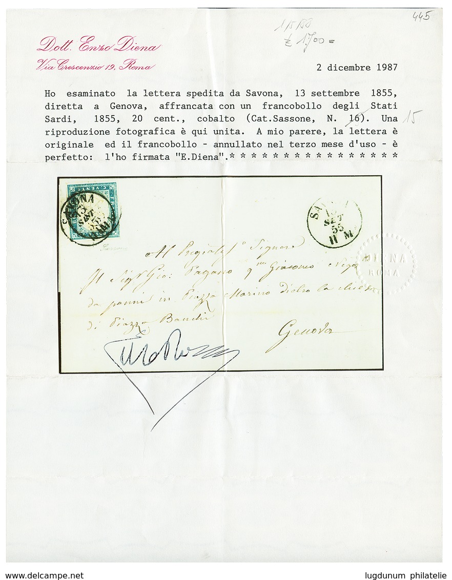 894 1855 SARDINIA 20c(n°15) 4 Margins Canc. SAVONA 15 SET 55 On Cover To GENOVA. DIENA Certificate(1987). Vf. - Ohne Zuordnung