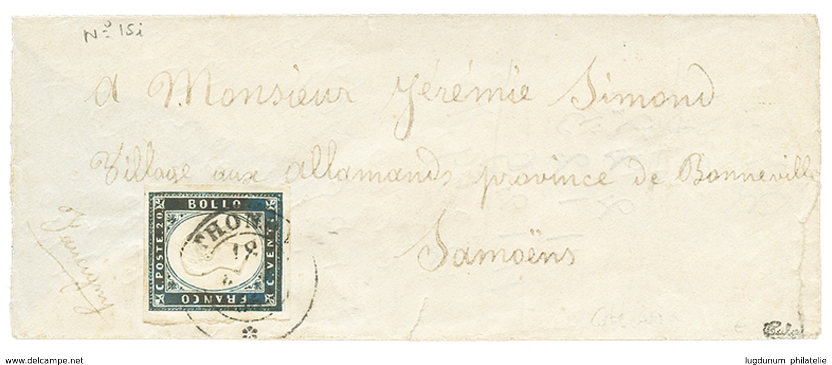 895 1856 SARDINIA 20c(n°15i) Celeste Oltremare Scurissimo Canc. THONON On Cover. Signed CALVES. Sass = 1800€. Vf. - Ohne Zuordnung