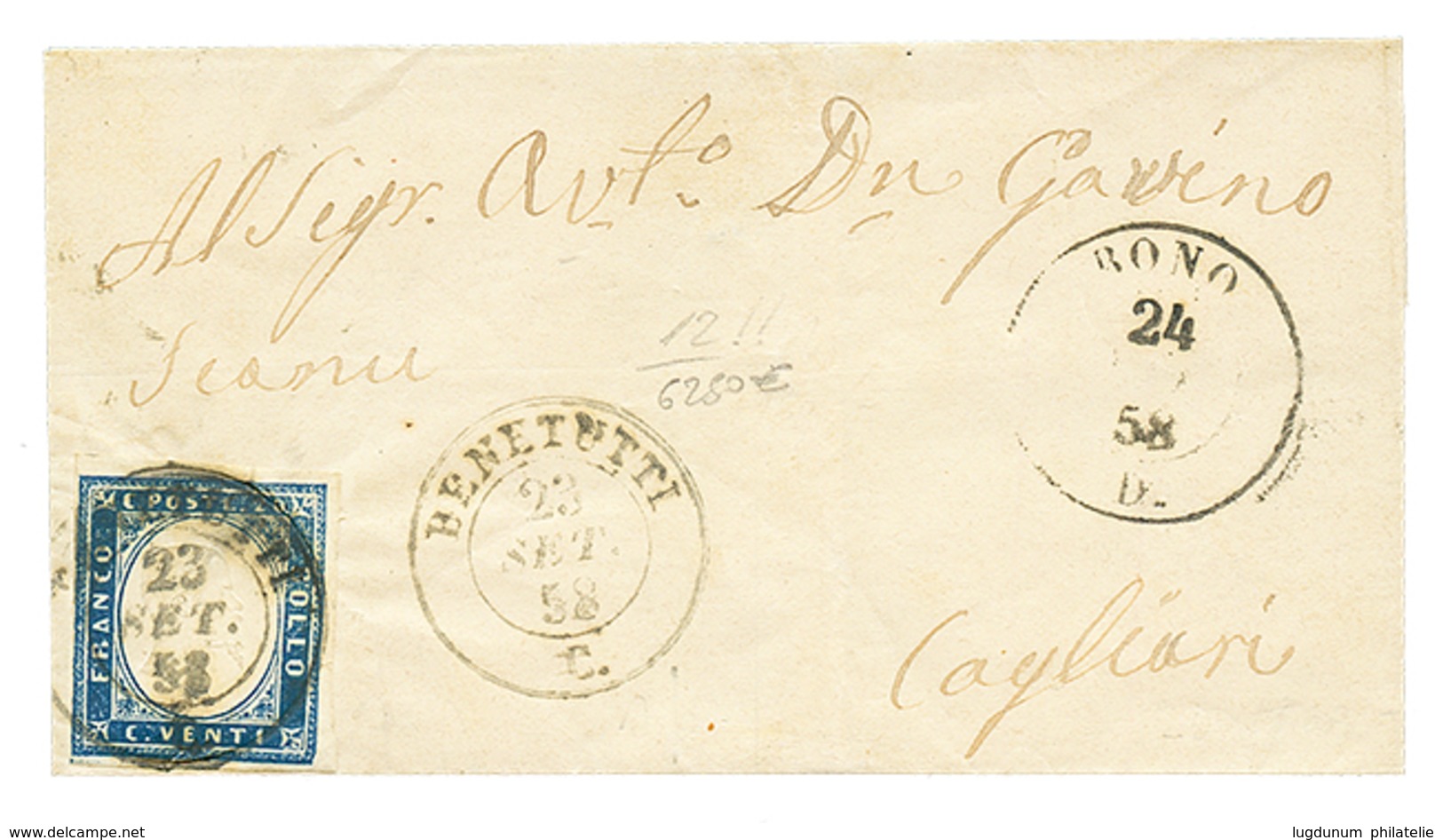 897 1857 20c (n°15A) Canc. BENETUTTI + BONO On Cover To CAGLIARI. RARE (Sass. R1). Vf. - Ohne Zuordnung