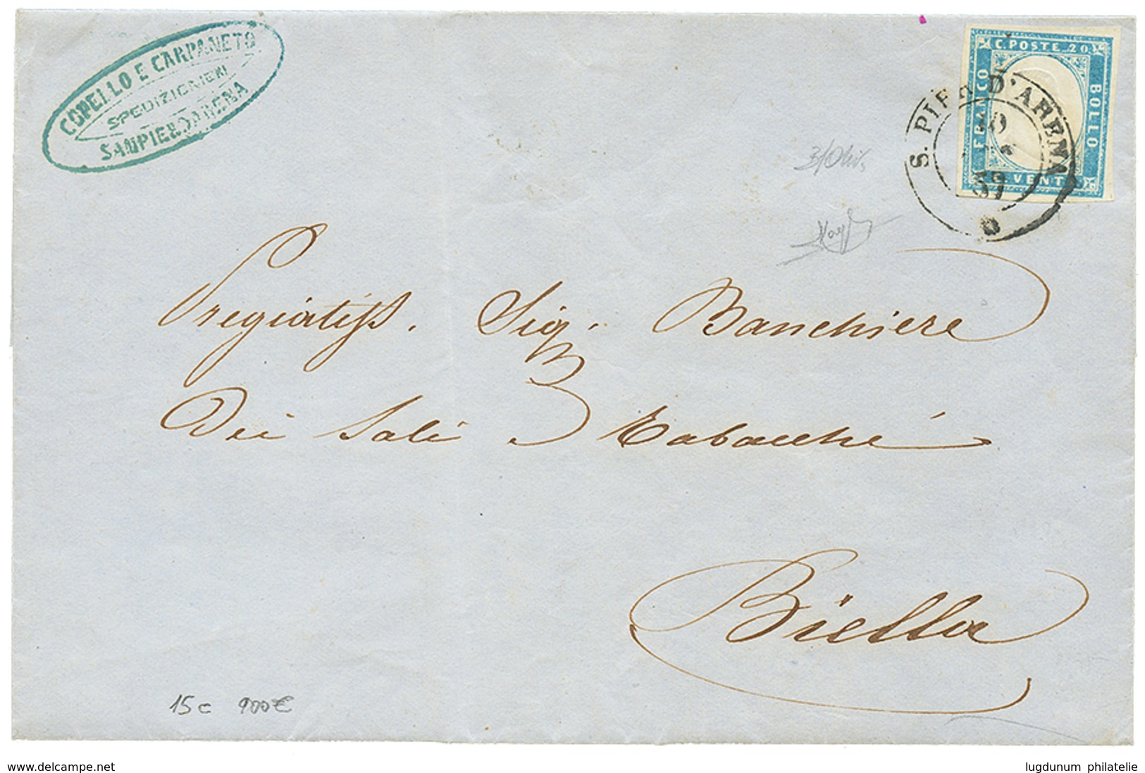 898 1857 SARDINIA 20c(n°15) 4 Margins Large Canc. S.PIER D'ARENA On Cover To BIELLA. Superb. - Ohne Zuordnung