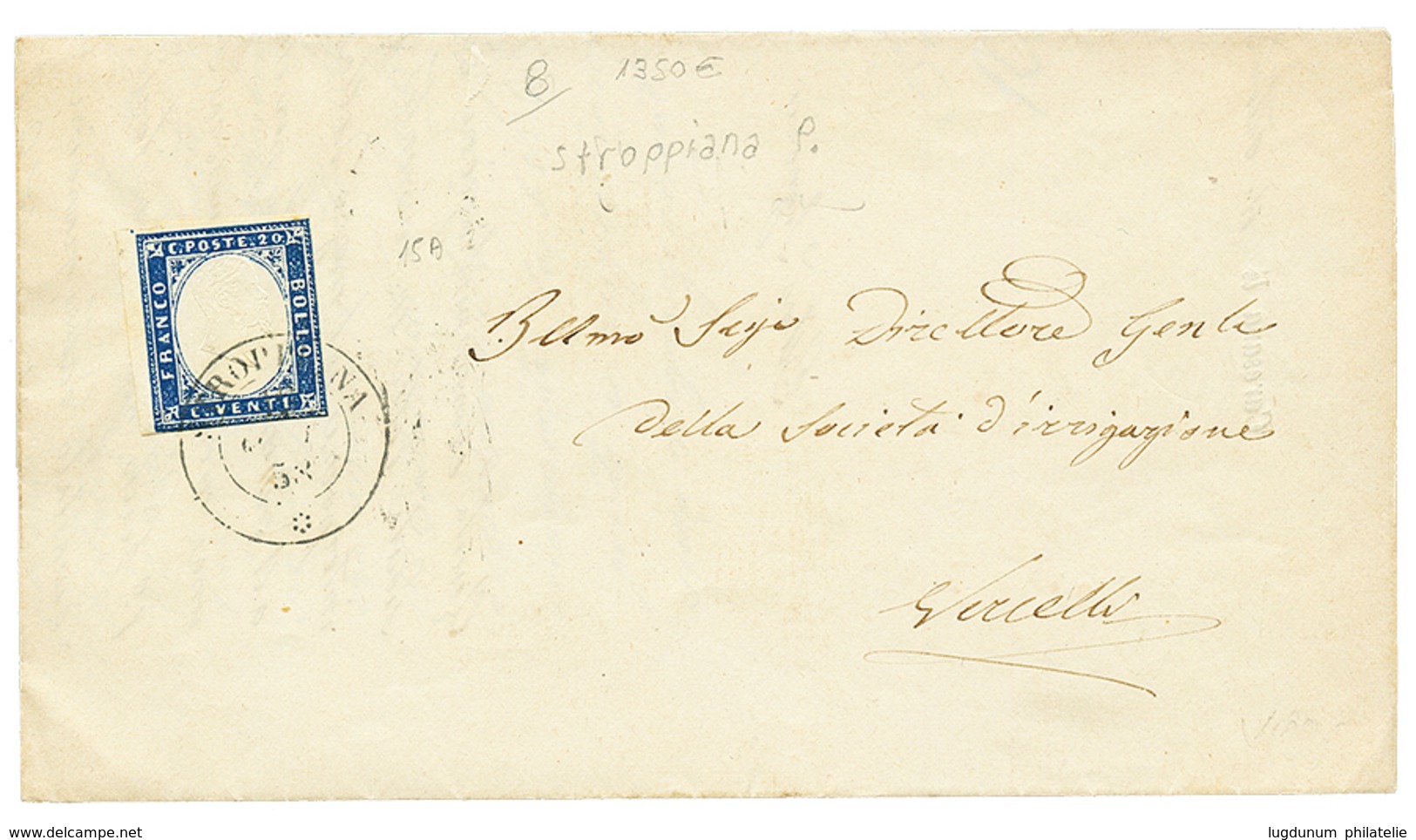 900 1858 20c(n°15A) Canc. STROPPIANA On Cover To VERCELLI. Rare. Vf. - Ohne Zuordnung