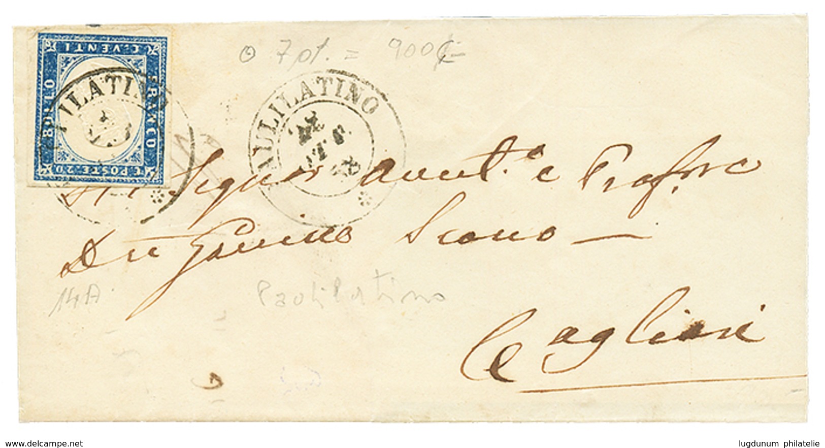 902 "PAULOLATINO" : 1858 20c(n°15A) With 4 Large Margins Canc. PAULOLATINO On Cover To CAGLIARI. Vf. - Ohne Zuordnung