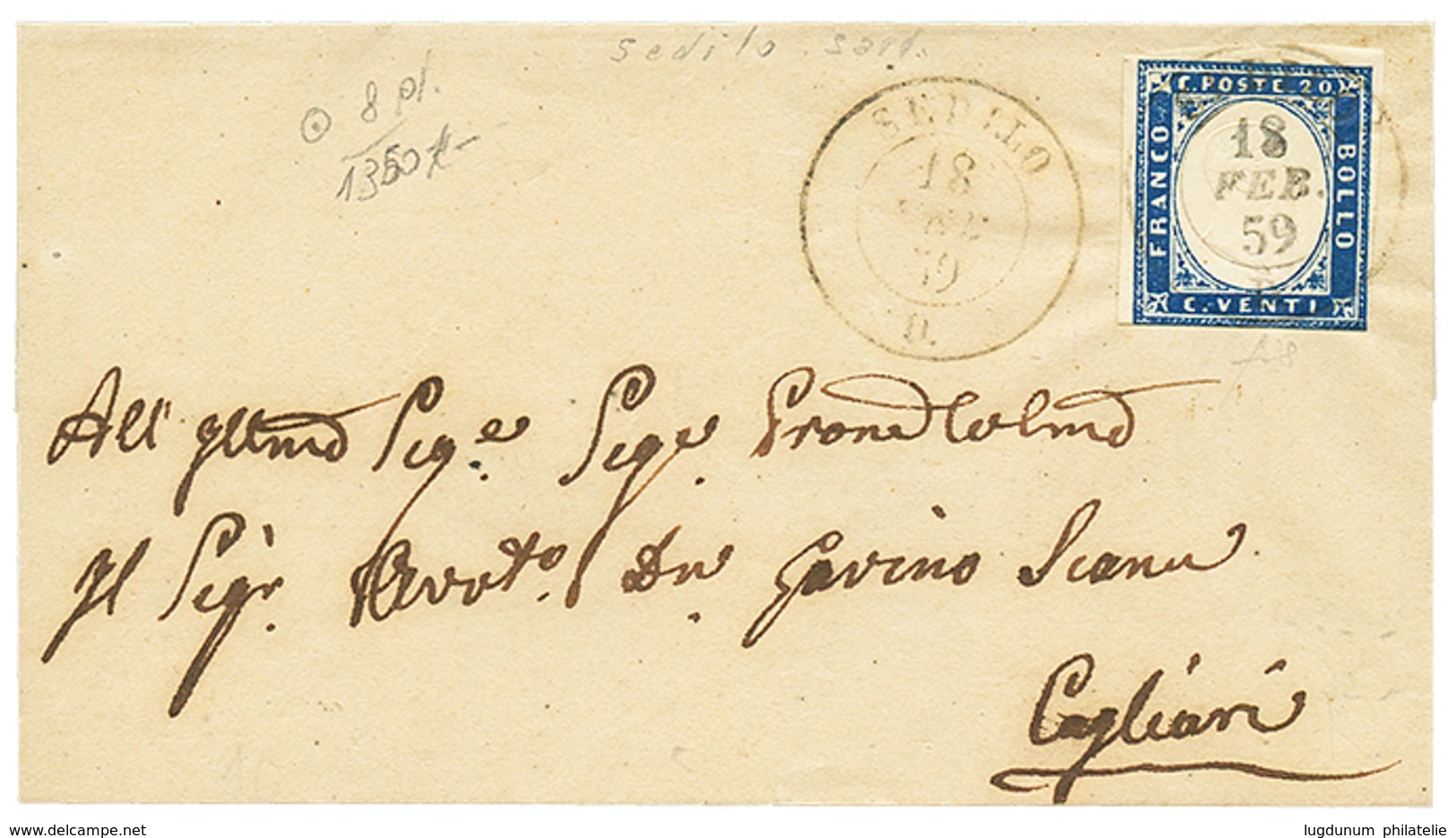 903 "SEDILO" : 1859 12c (n°15B) Canc. SEDILO On Cover To CAGLIARI. Sass = 1350€. Vf. - Ohne Zuordnung