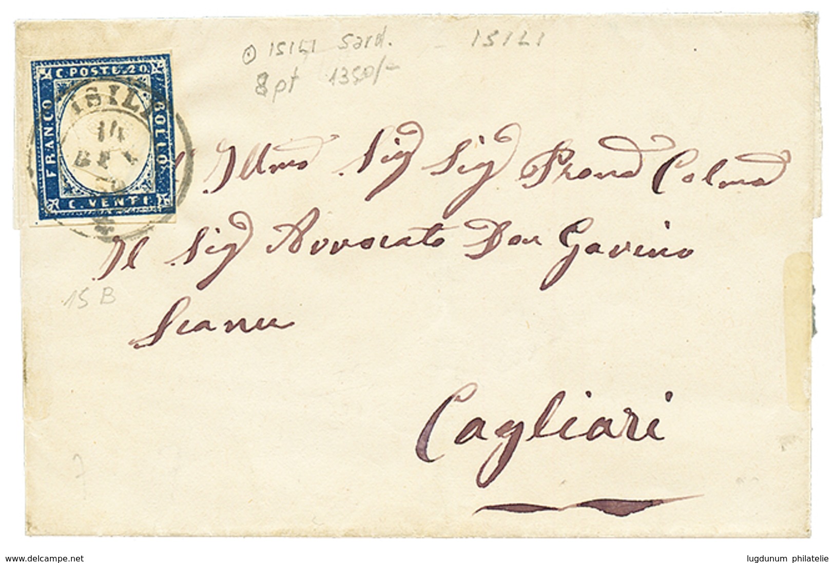 904 "ISILI" : 1859 20c (n°15B) Canc. ISILI On Cover To CAGLIARI. Sass = 1350€. Vf. - Non Classés