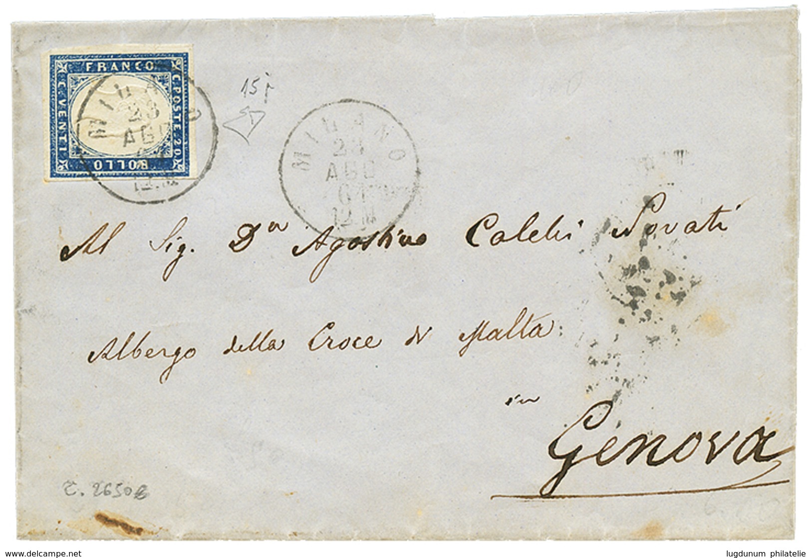 905 1861 SARDINIA 20c(n°15Di) Cobalto Oltremare Scuro Canc. MILANO On Cover. Signed DIENA. Sass = 2650€. Vvf. - Ohne Zuordnung