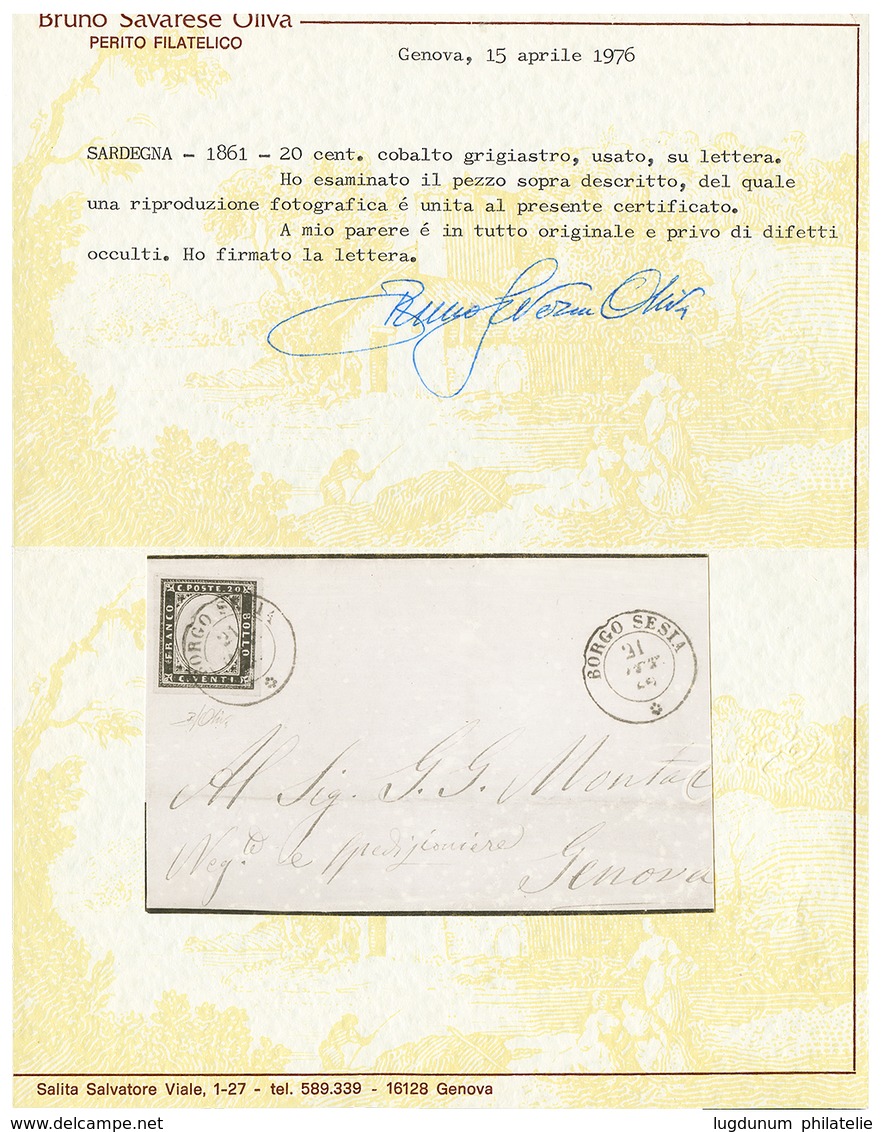 906 1862 20c COBALTO Grigiastro N°15Dd Canc. BORGO SESIA On Cover To GENOVA. Sas = 2700€. SAVARESE OLIVA Certificate(197 - Non Classés