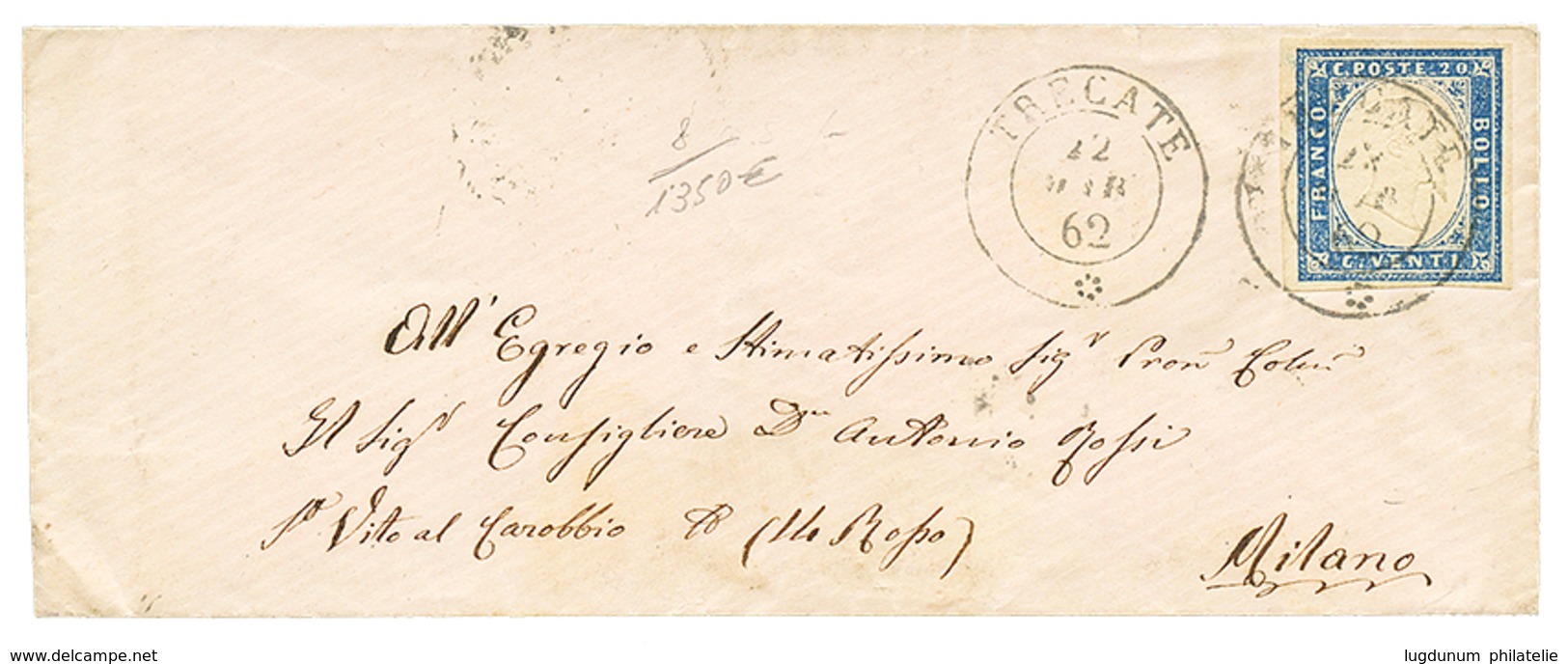 908 1862 20c (n°15E) With 4 Large Margins Canc. TRECATE On Cover To MILANO. RARE. Vvf. - Non Classés