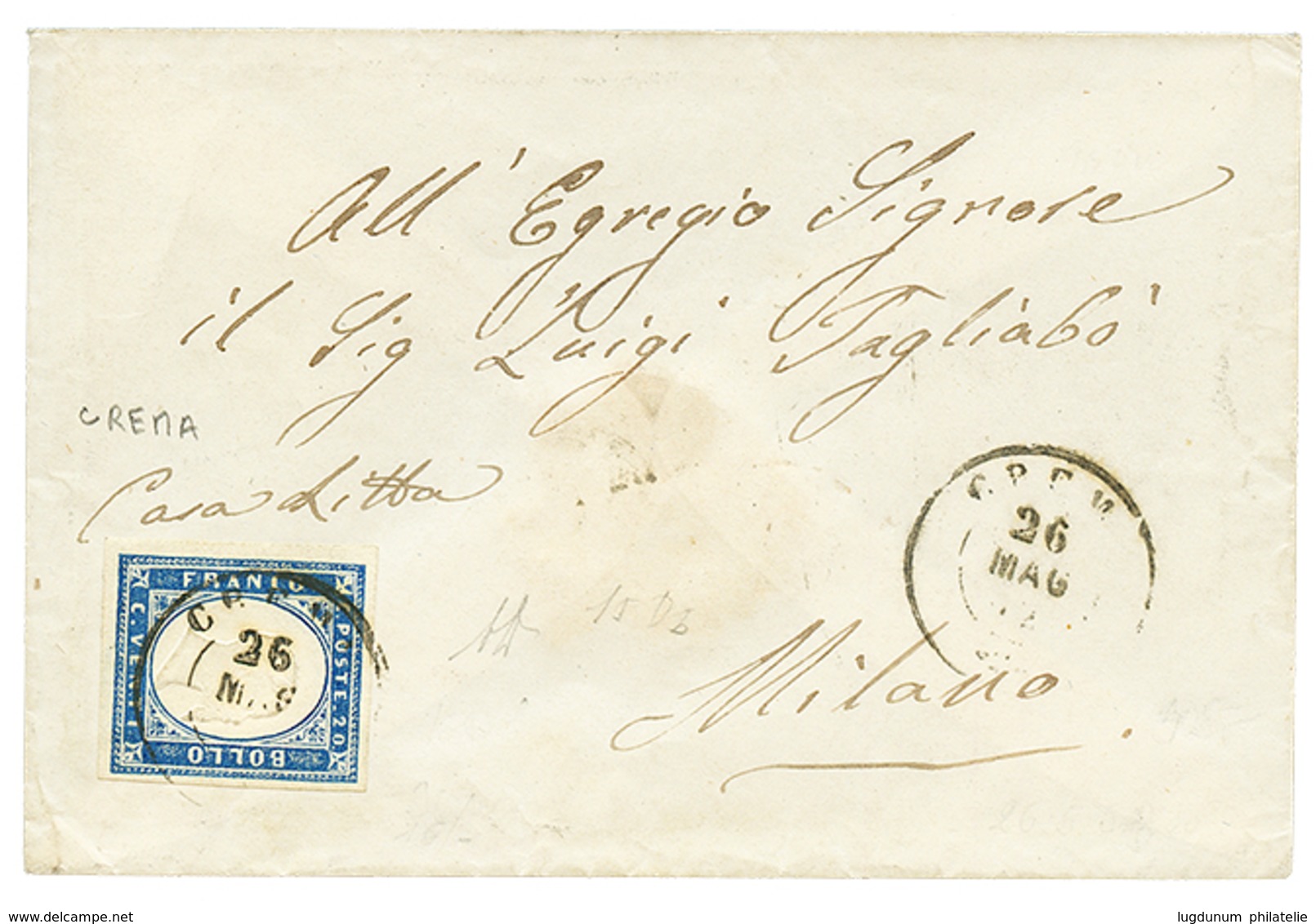 909 1861 20c(n°15Db Canc. CREMA On Envelope To MILANO. Vf. - Non Classés