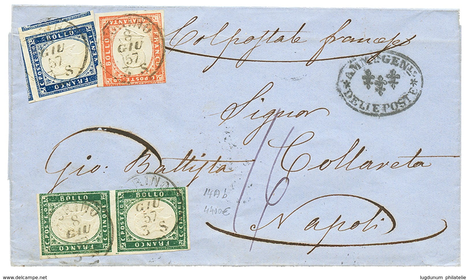 912 1857 SARDINIA Paire 5c(n°13A) + 20c(n°15A) With Large Margins + 40c(n°16A) Fault Canc. TORINO On Cover To NAPOLI. Ni - Ohne Zuordnung