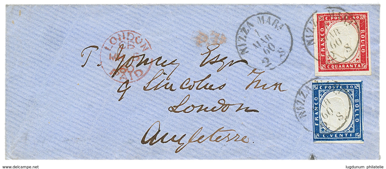 913 1860 SARDINIA 20c + 40c Canc. NIZZA MARA On Envelope To LONDON (GREAT BRITAIN). Scarce. Vf. - Ohne Zuordnung
